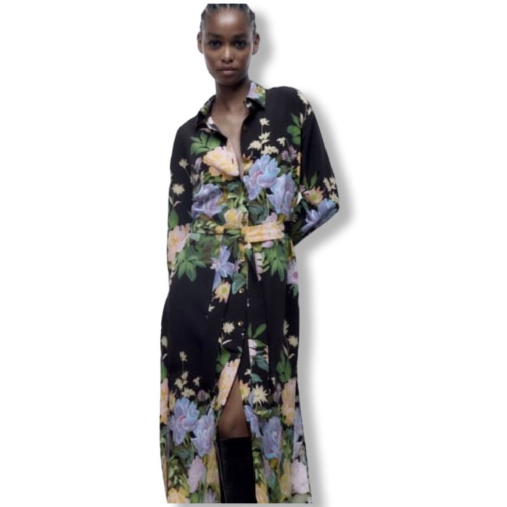Zara Women's Black Floral Long Sleeve Collard Button Front Dress Size XS